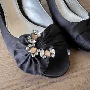 Women’s Black Satin Peep-Toe Heels w/ Crystal Embellishment - The Touch of Nina